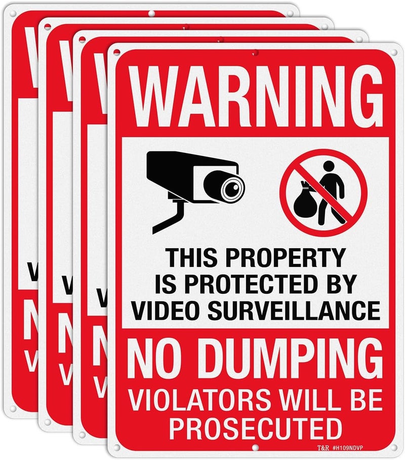 TR Large No Dumping Sign, Property Protected By Video Surveillance Sign, 14" x 10" Rust Free .040 Aluminum Reflective, Weather Resistant, Waterproof, Fade Resistant, 6 Pre-drilled Holes - 4 Pack - Image 1